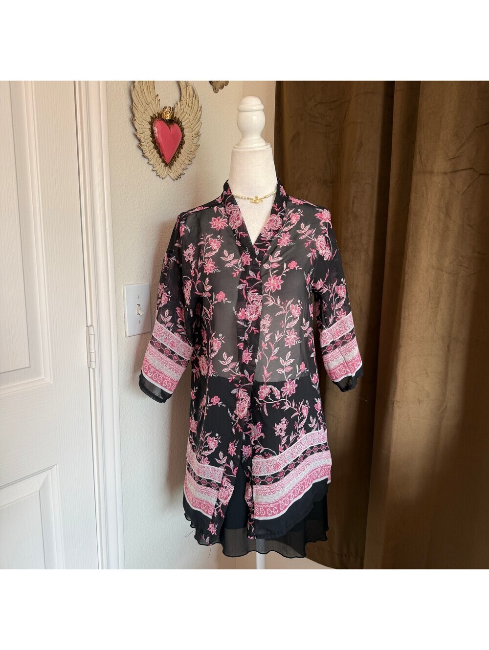 Knitworks Sheer Floral Kimono Cardigan Women's 12 Black Pink Boho Layering Top